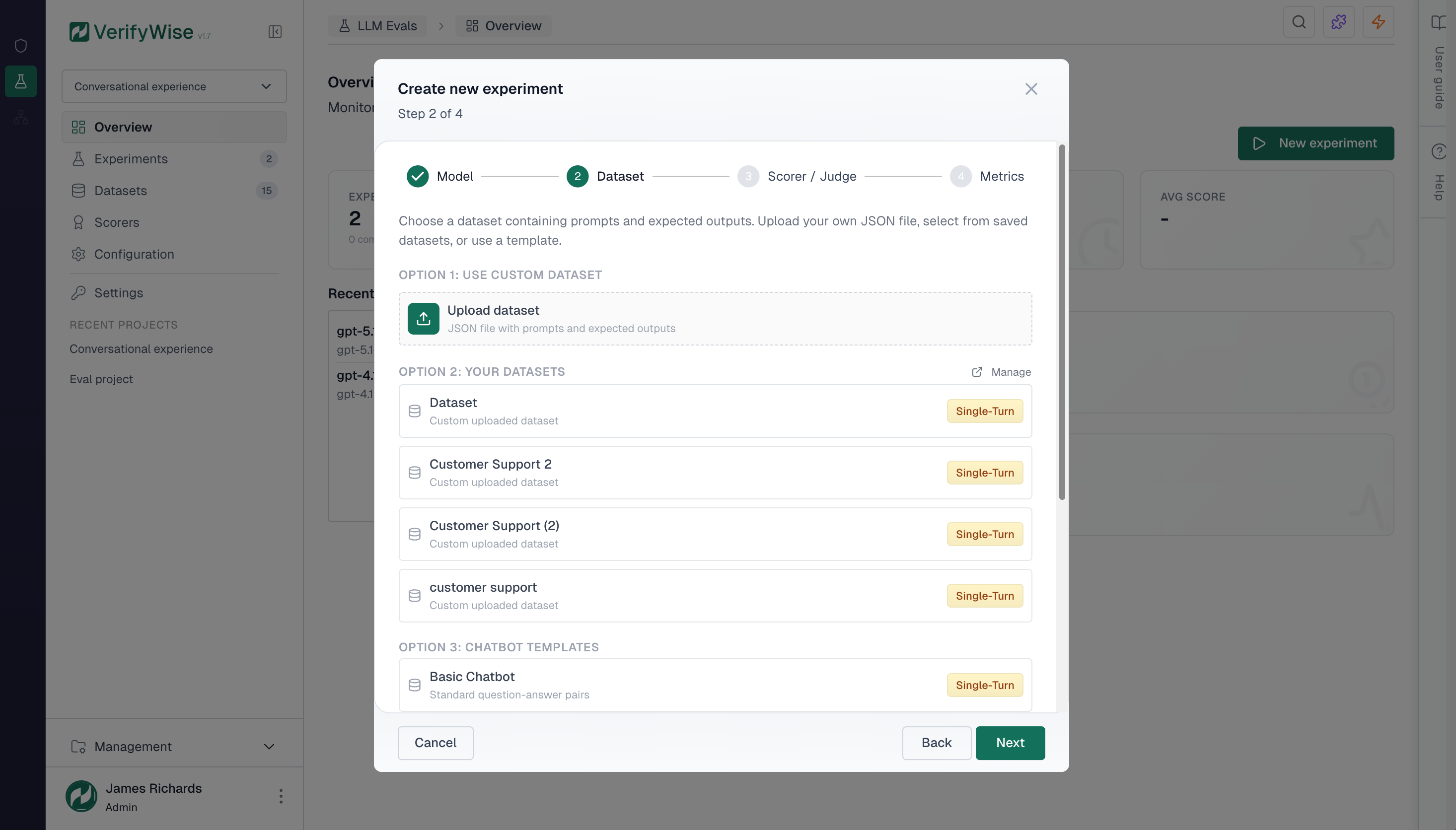 LLM Evals module showing experiment configuration and evaluation results