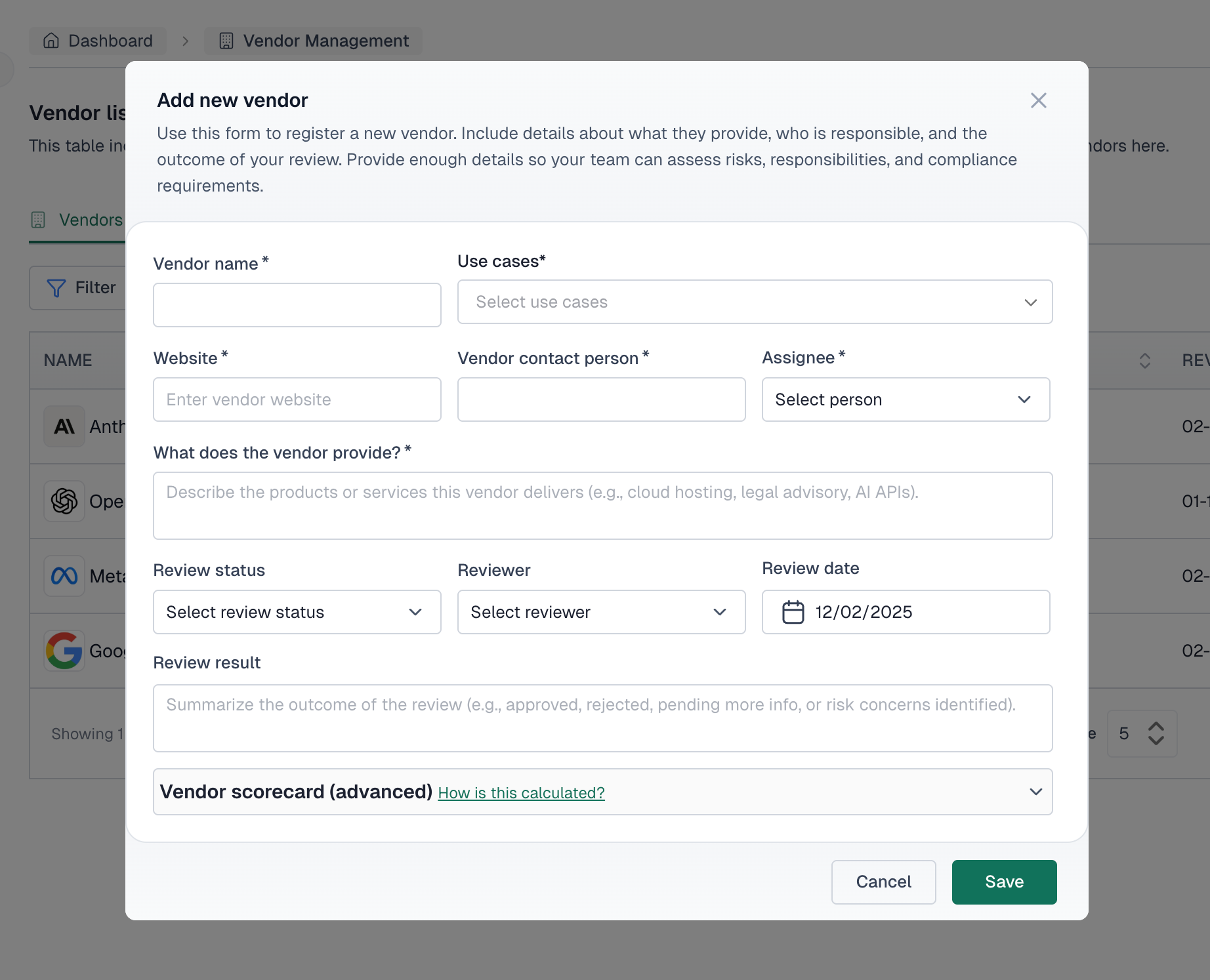 Add new vendor modal with fields for vendor name, use cases, website, contact person, assignee, description, review status, reviewer, review date, and result