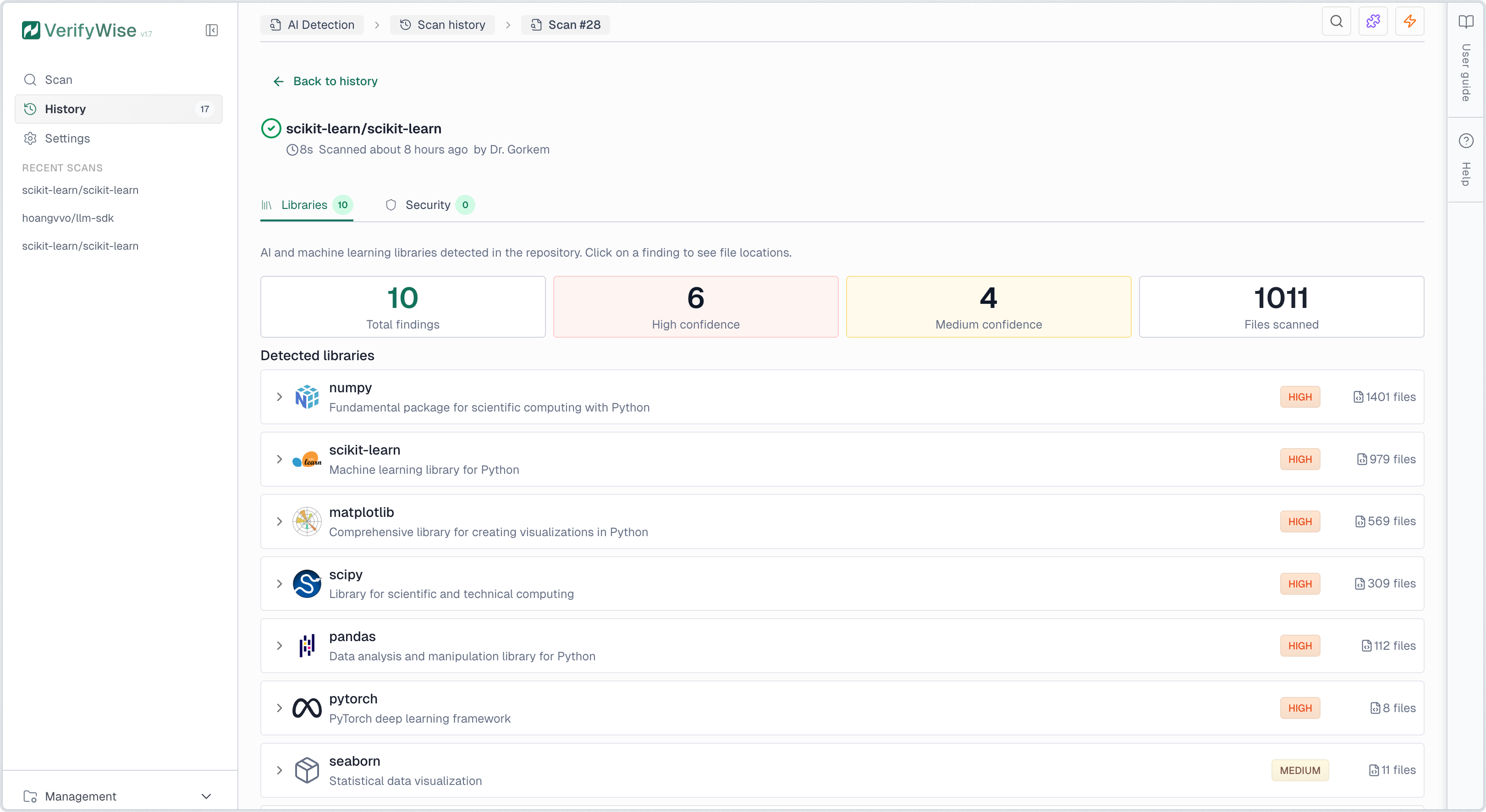 Libraries tab showing detected AI/ML frameworks with risk and confidence levels