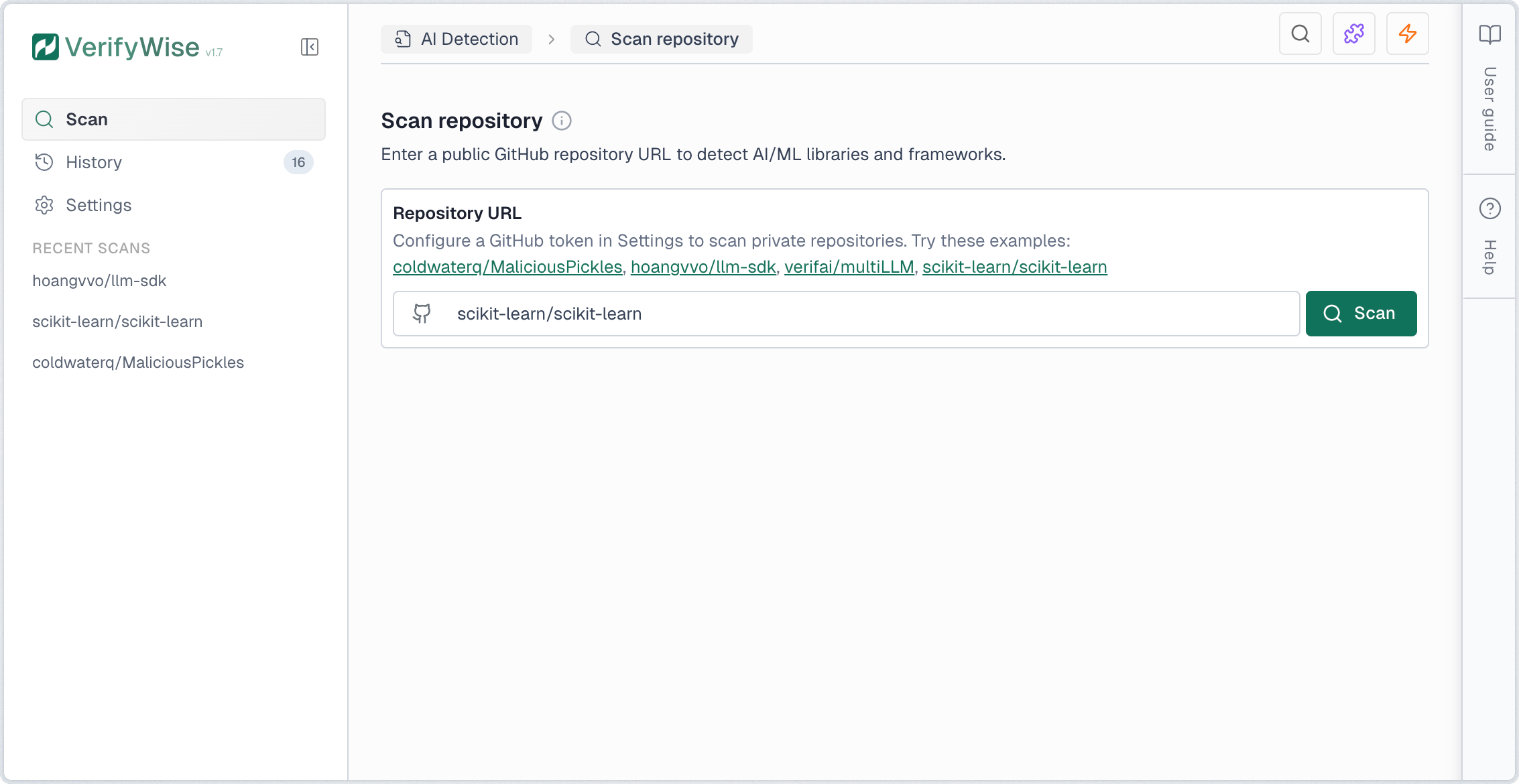 AI Detection scan page with repository URL input field