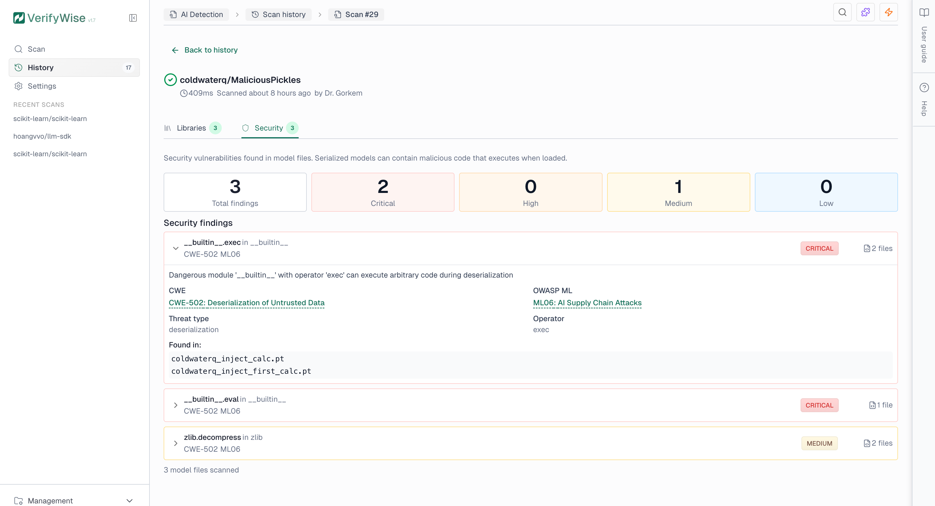 Security tab showing model file vulnerabilities with severity levels