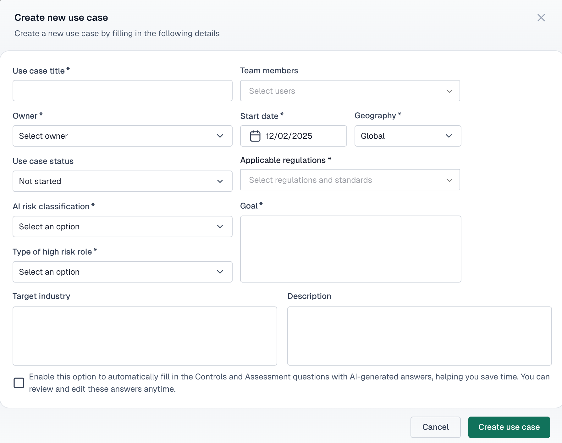 Create new use case modal showing fields for title, owner, start date, geography, applicable regulations, AI risk classification, goal, and description