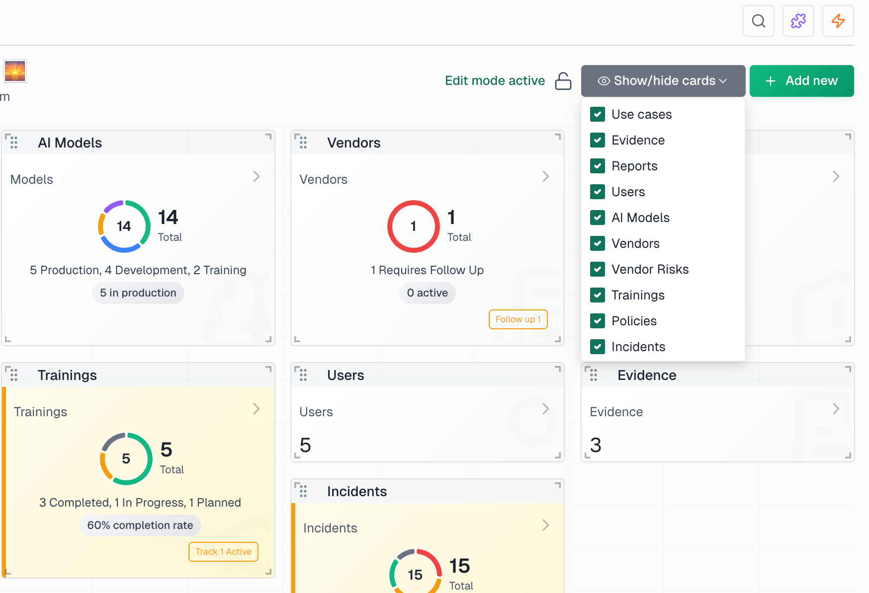 Dashboard in edit mode showing the Show/hide cards dropdown menu with checkboxes for each widget type