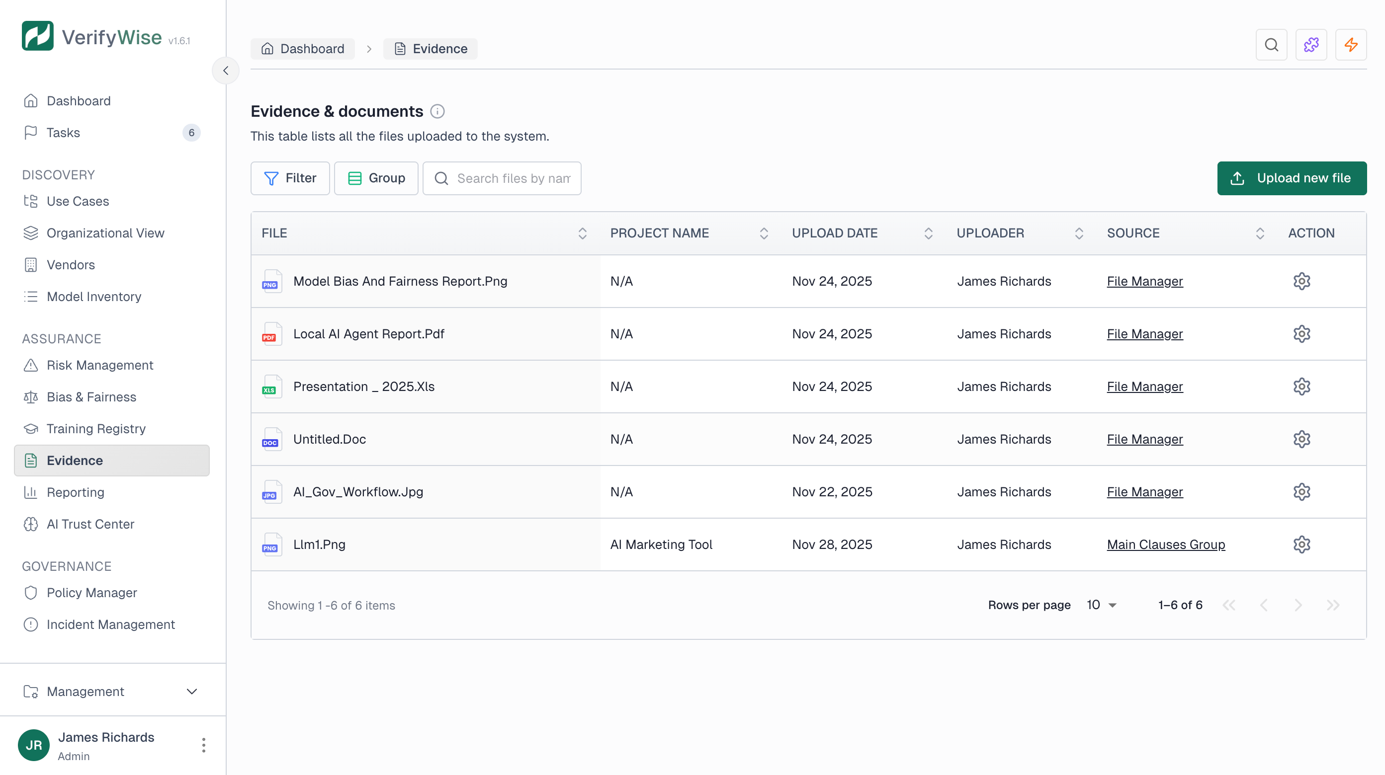 Evidence and documents page showing a table of uploaded files with columns for file name, use case, upload date, uploader, source, and actions