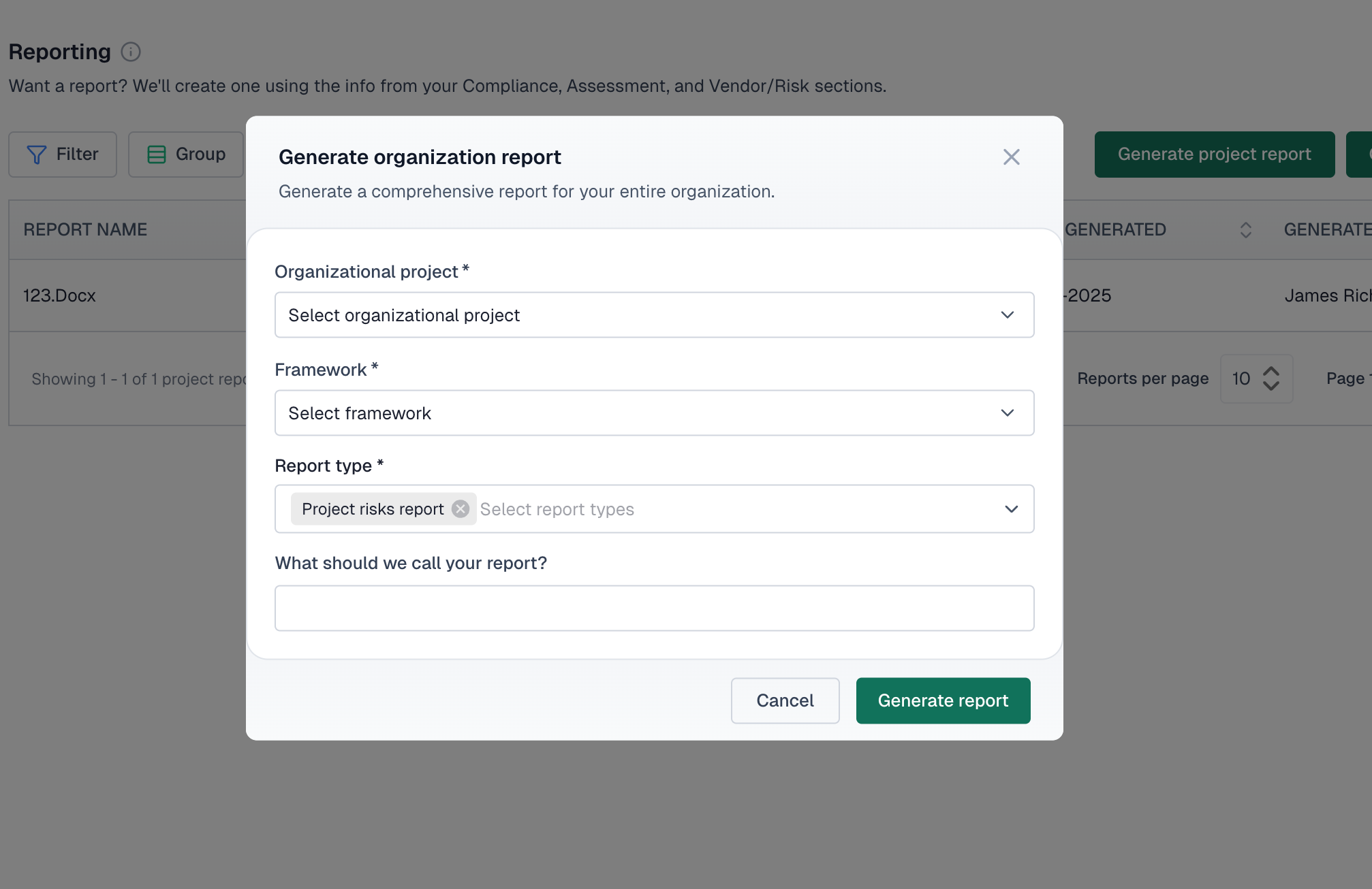 Generate organization report modal with fields for selecting an organizational project, framework, report type, and custom report name