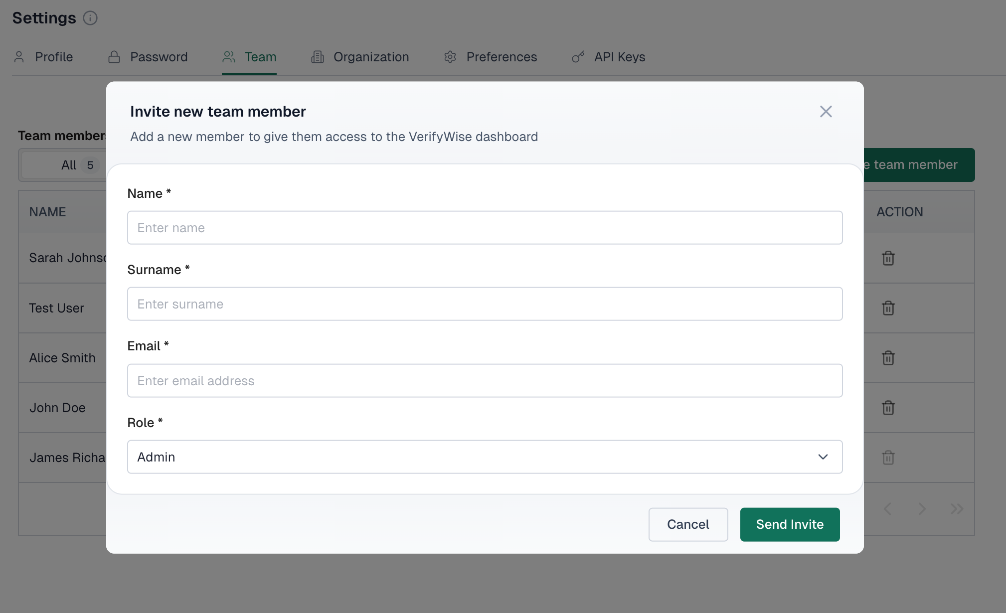 Invite new team member modal with fields for Name, Surname, Email, and Role selection dropdown