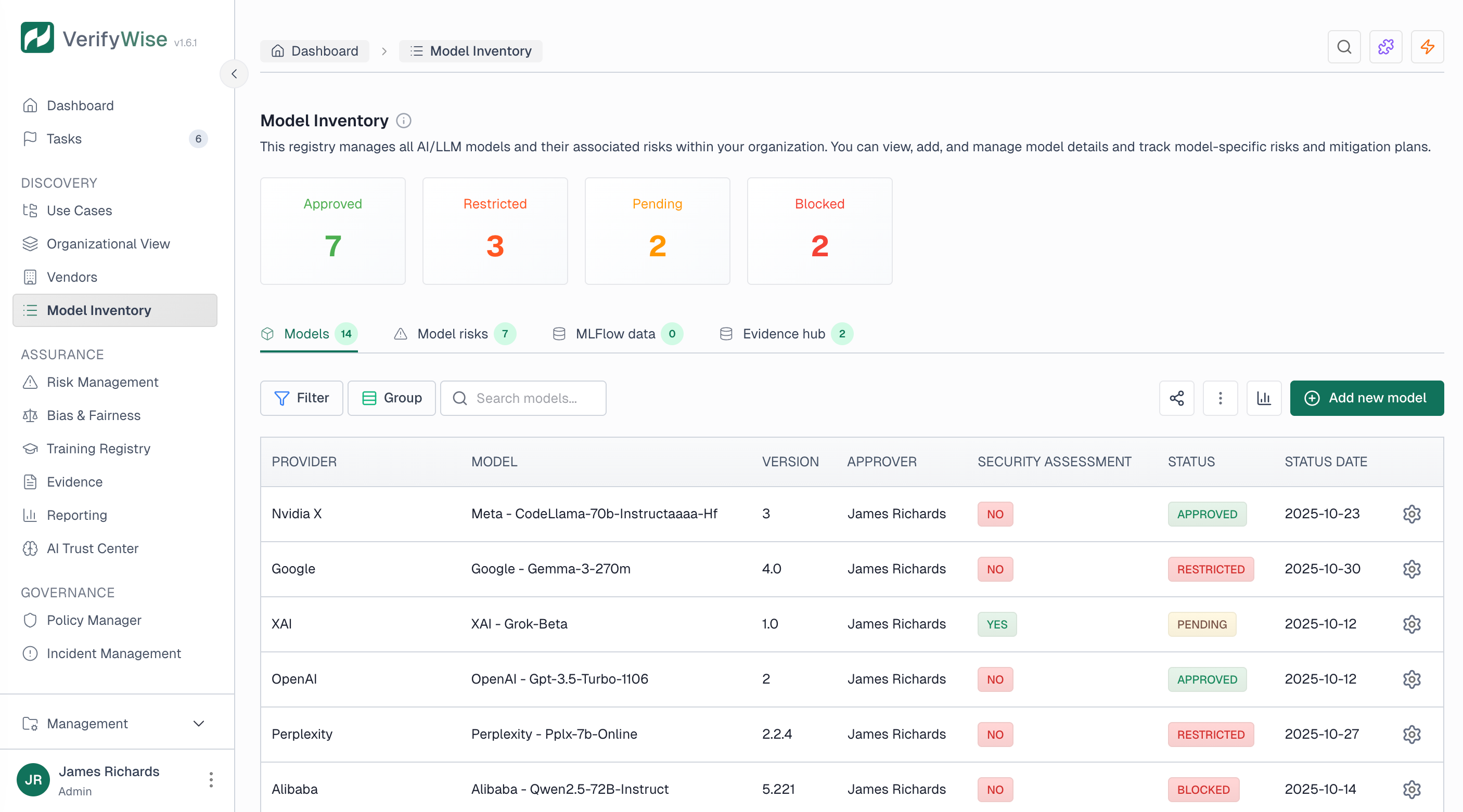 Model inventory page showing status cards for Approved, Restricted, Pending, and Blocked models, plus a table listing models with provider, version, approver, and security assessment columns