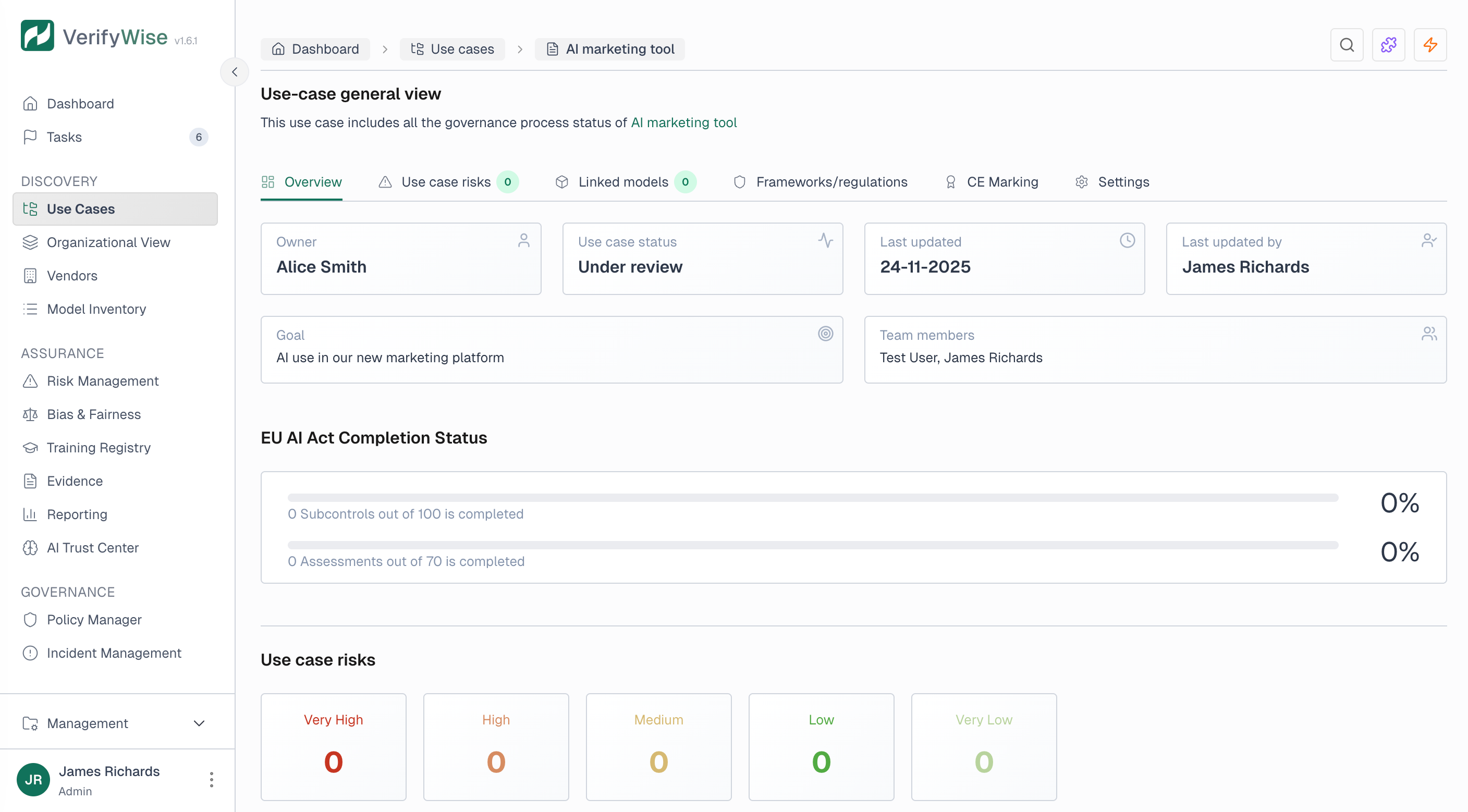 Use case overview page showing owner, status, EU AI Act completion progress, and risk summary cards