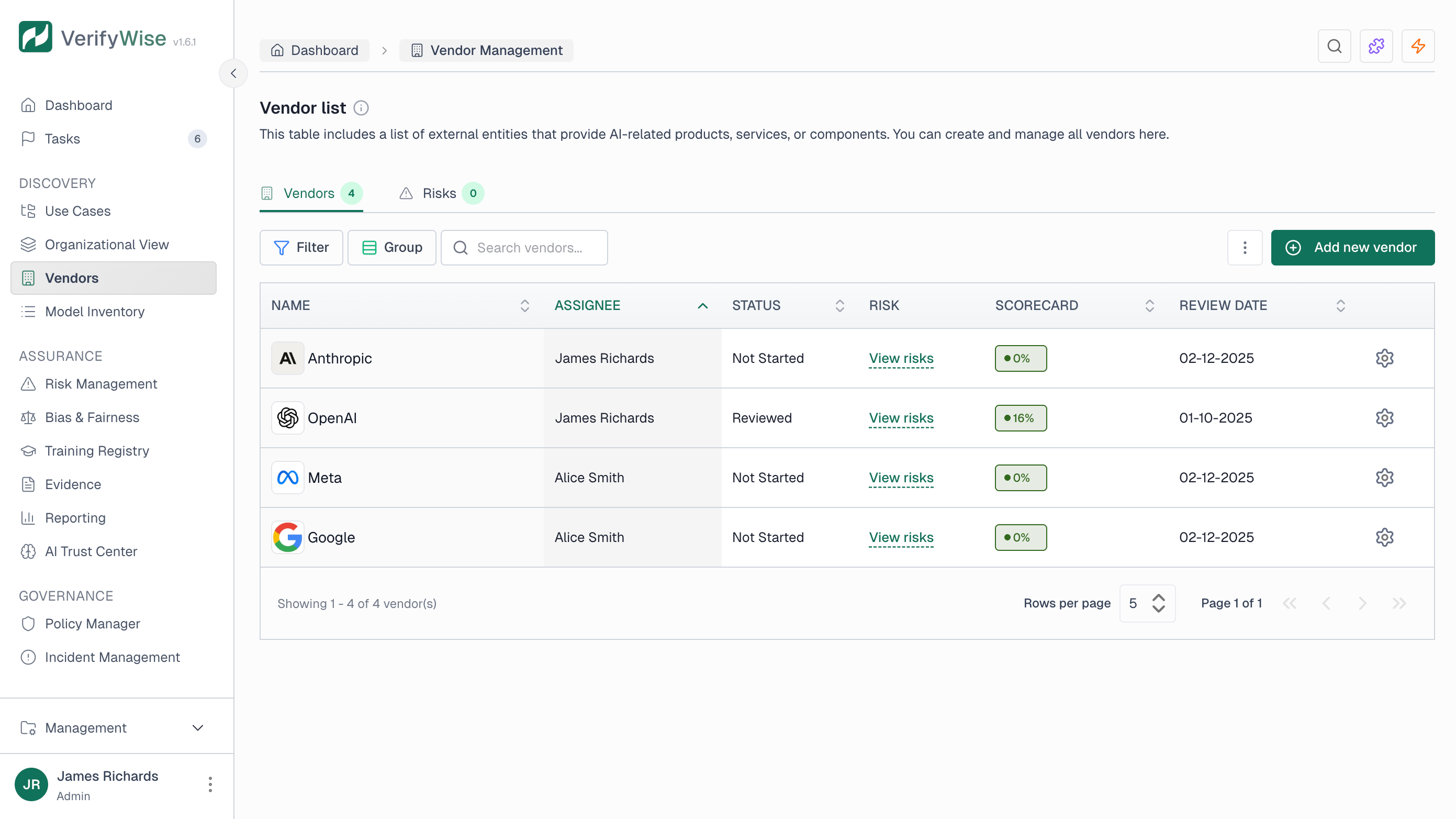 Vendor list page showing a table with vendor names, assignees, status, risk scores, scorecards, and review dates